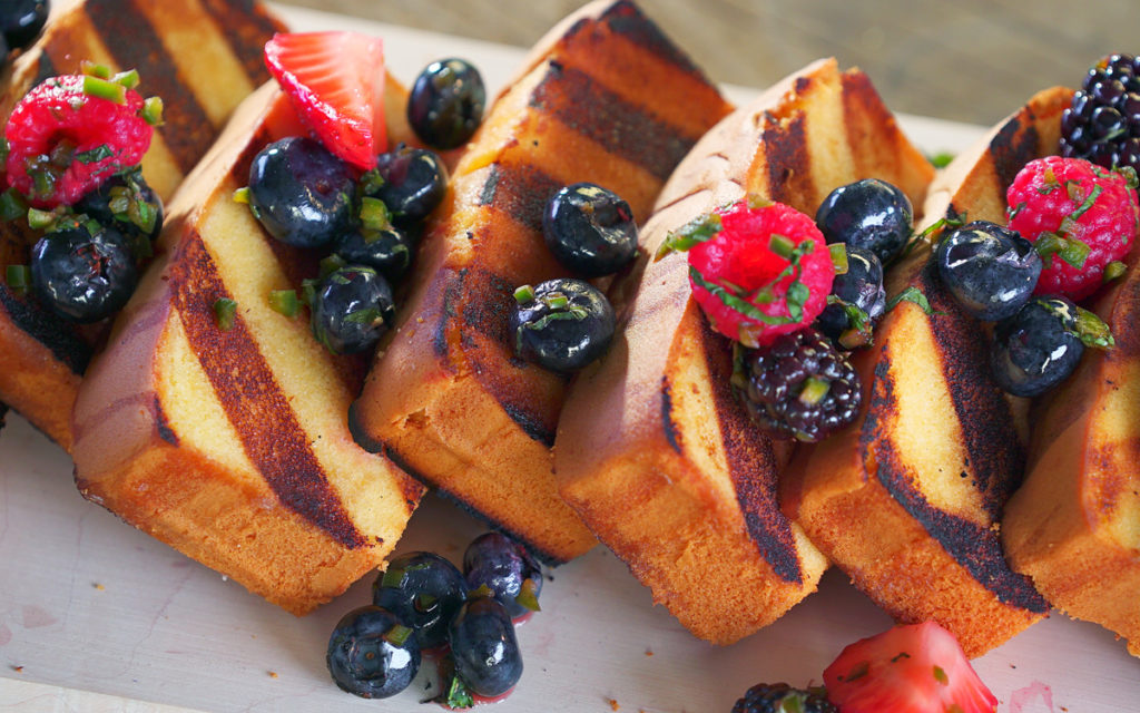 Grilled Pound Cake with Mixed Berry Salsa and Smoked Whipped Cream