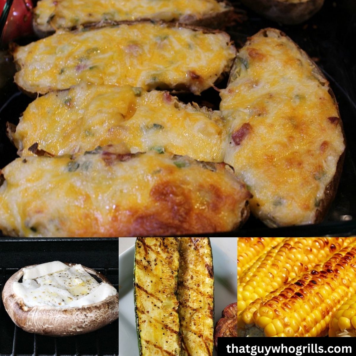 Collage with grilled twice baked potatoes, cheese stuffed mushrooms, grilled zucchini, and grilled corn on the cob 